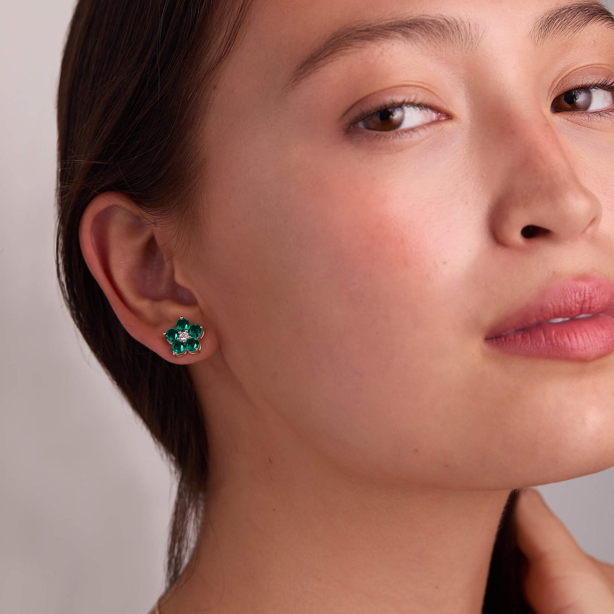 2.5 TCW Round Emerald Lab Made Diamond-May Birthstone Floral Stud Earrings 3