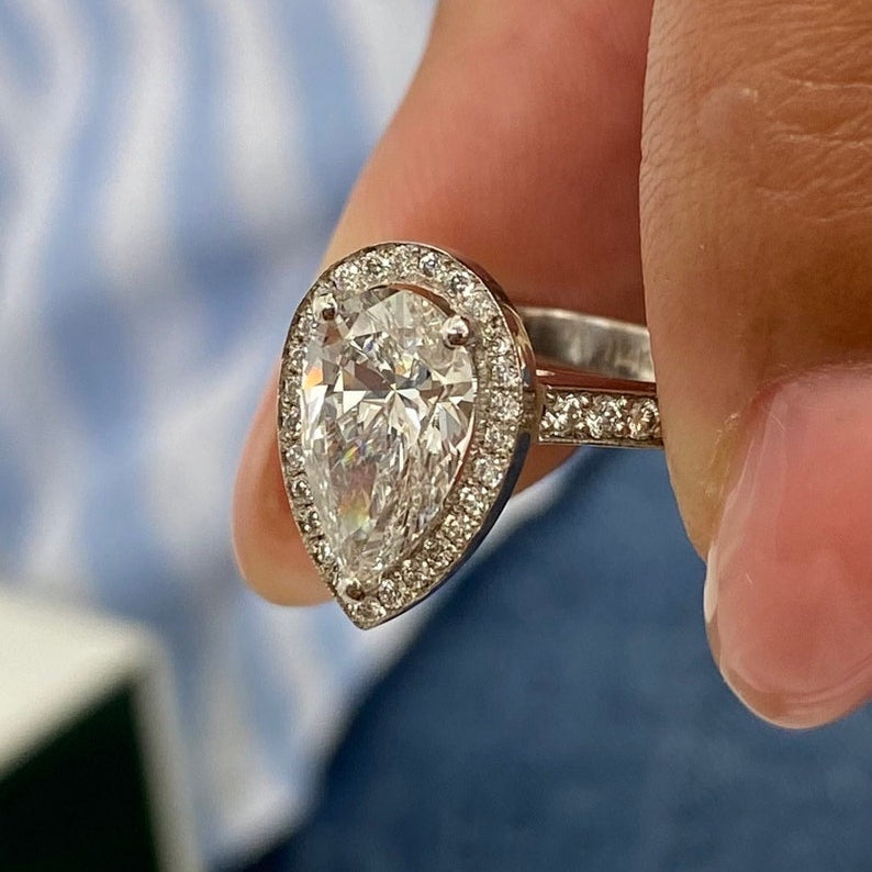 Stunning 1.75 CT Pear Moissanite Engagement Ring with Halo & Pave Design 2
