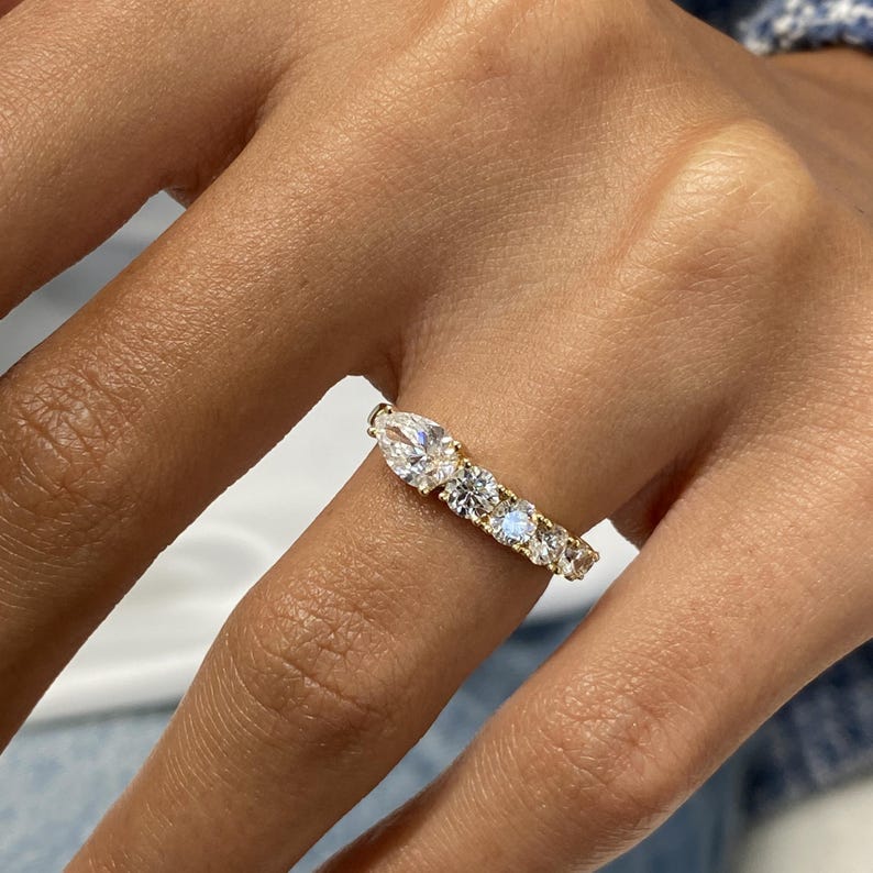 Stunning 1.13 CT Round & Pear Moissanite Stones Open Wedding Bands 3
