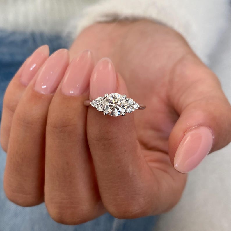 Classic 2.0 CT Round Moissanite Engagement Ring with Cluster Design 9