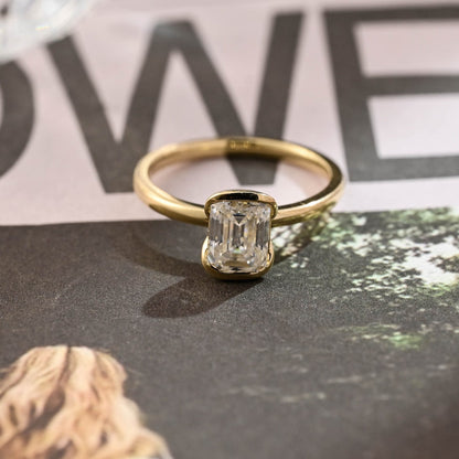 1.0 CT Emerald Cut Moissanite Engagement Ring with Half Bezel Design 9
