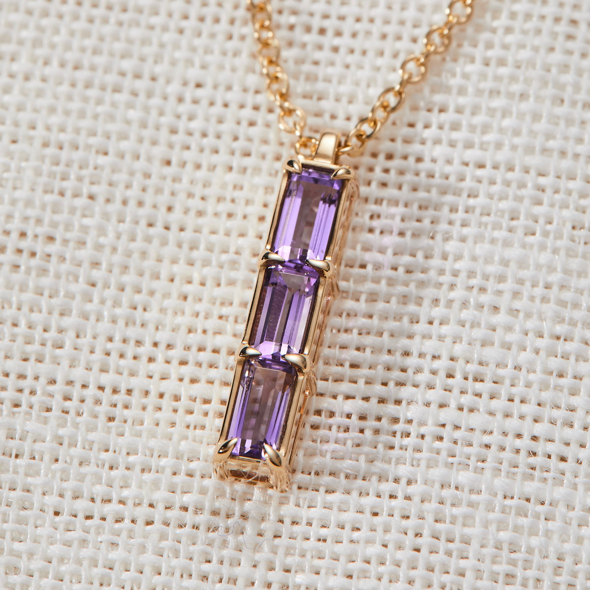 0.42 TCW Baguette Amethyst Lab Made Diamond- February Birthstone Three Stone Necklace 9
