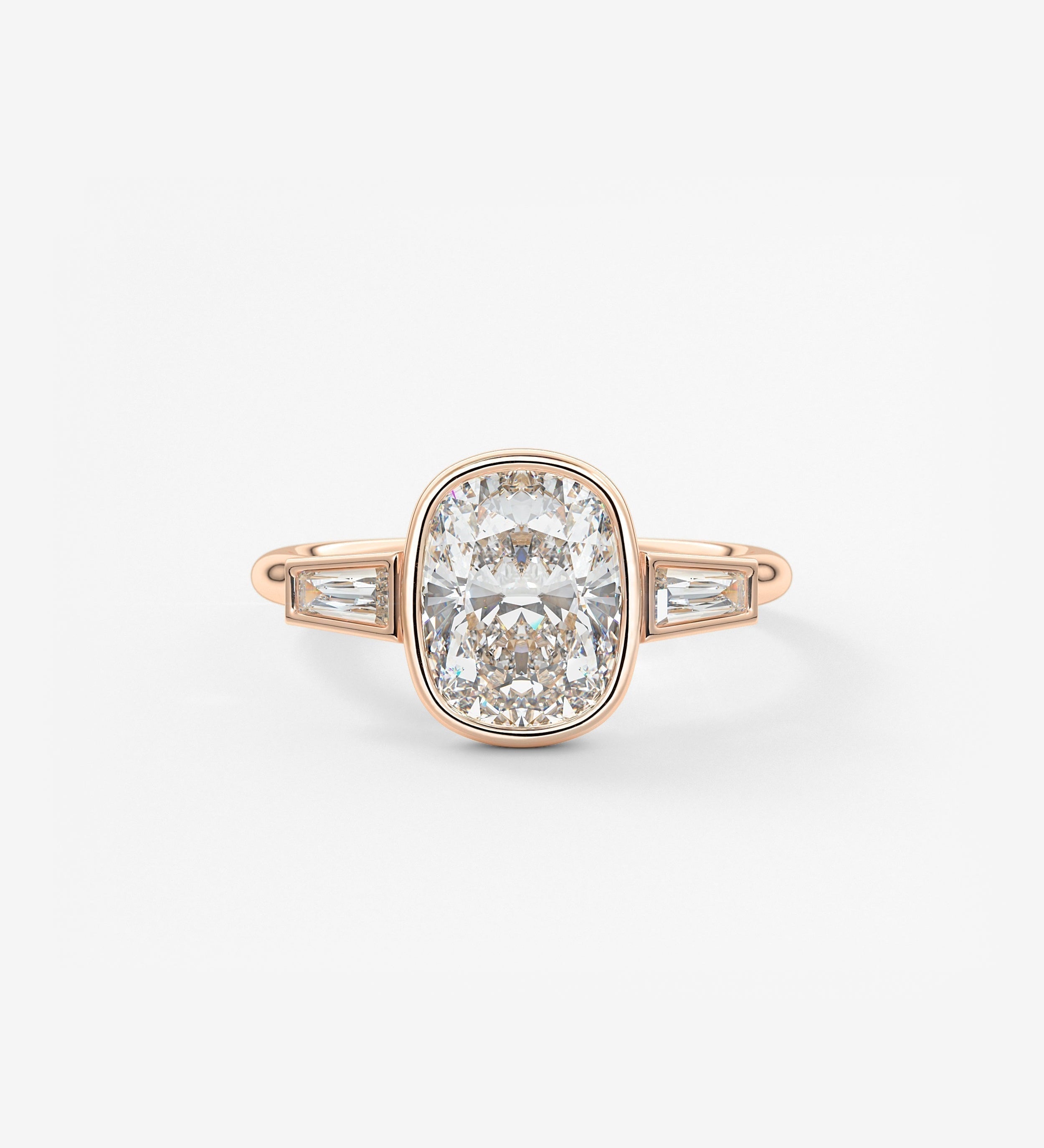 Elongated Cushion Three Stone Bezel Lab Grown Diamond Engagement Ring