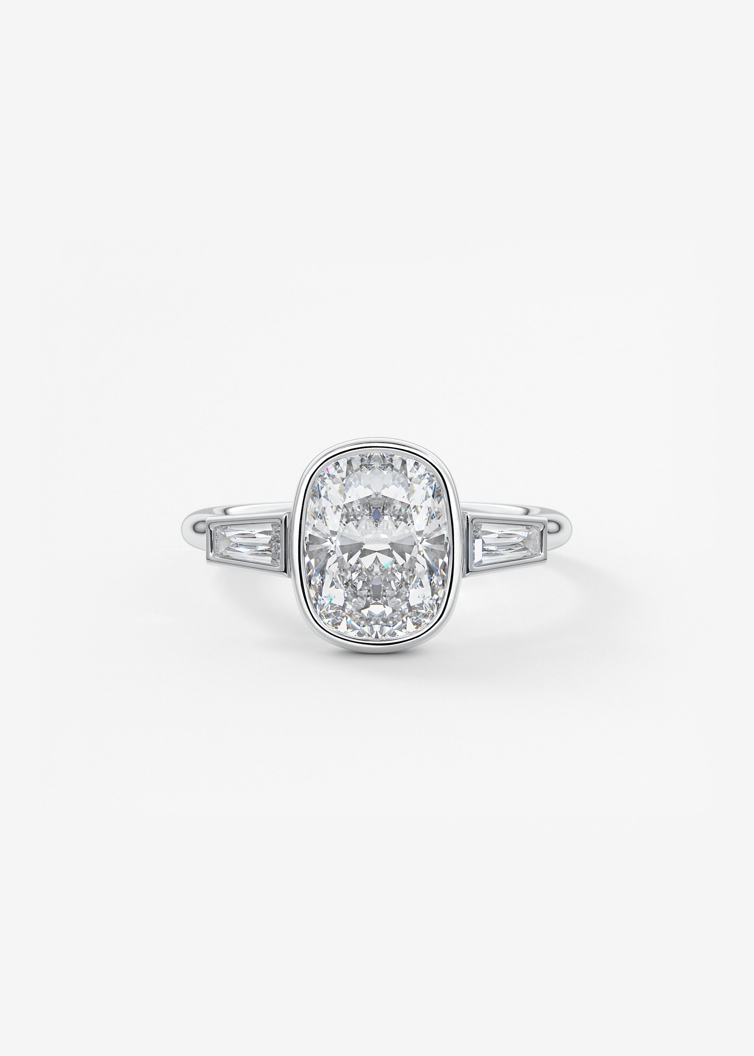 Elongated Cushion Three Stone Bezel Lab Grown Diamond Engagement Ring