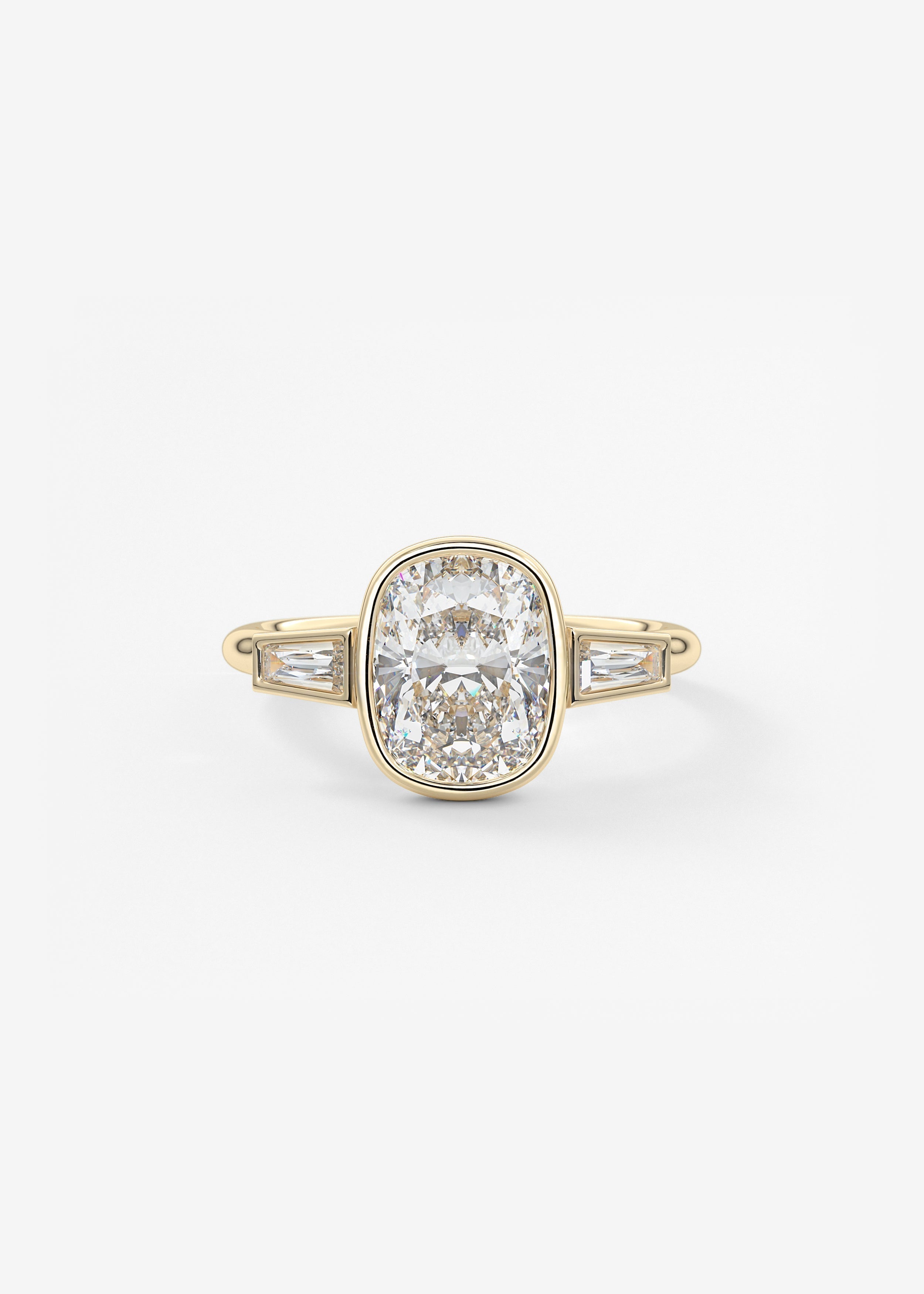 Elongated Cushion Three Stone Bezel Lab Grown Diamond Engagement Ring