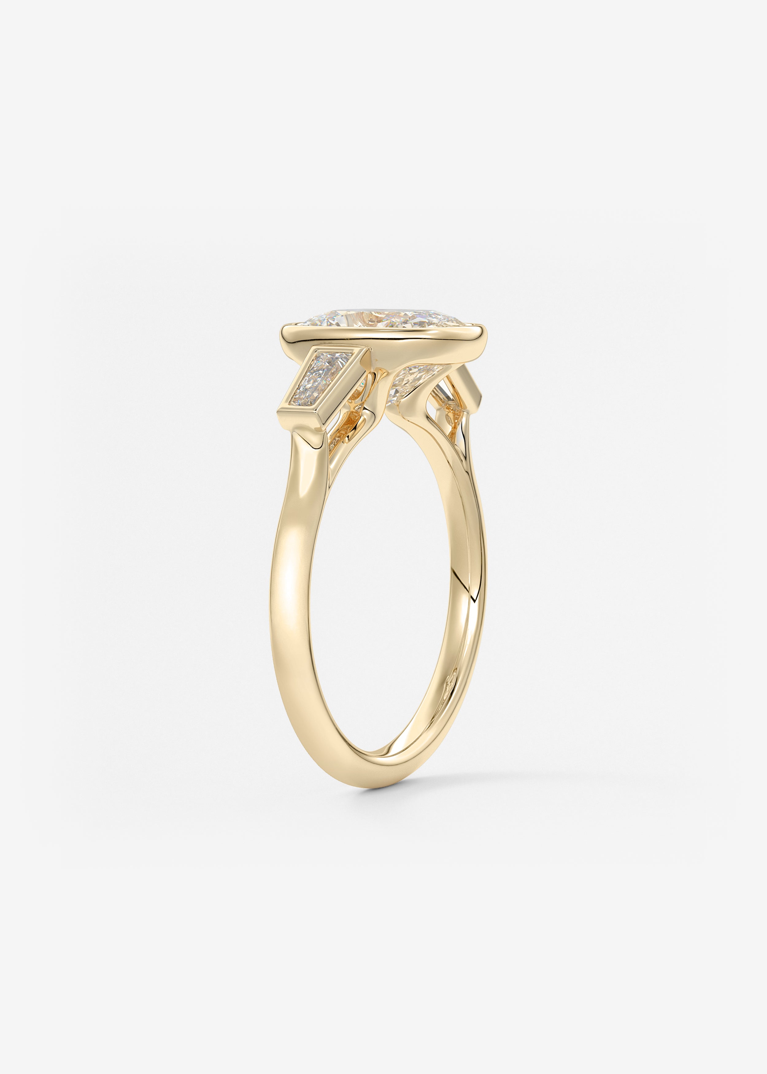 Elongated Cushion Three Stone Bezel Lab Grown Diamond Engagement Ring