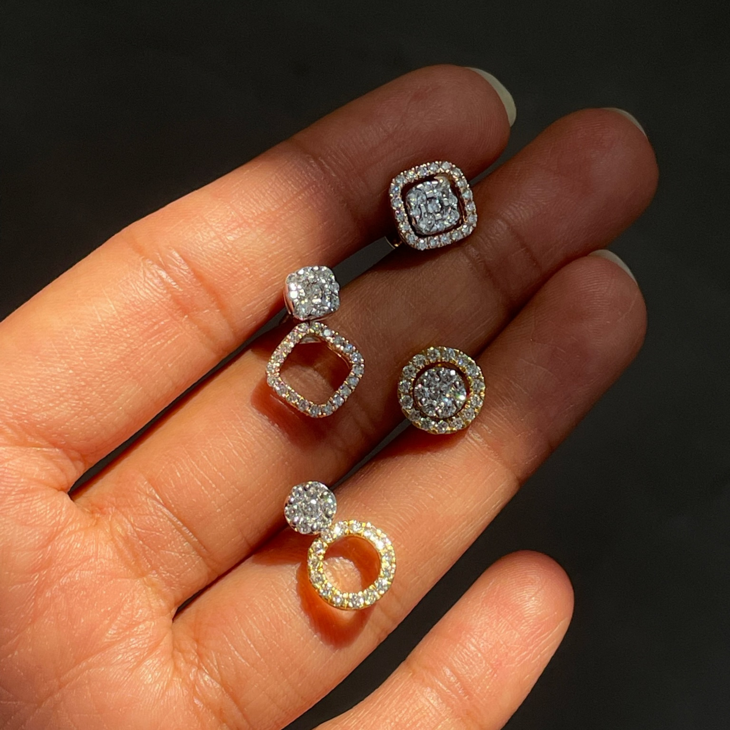 0.57 TCW Round Cut Moissanite 3 in one Halo, Stud & Dangler Earrings in Gold 6