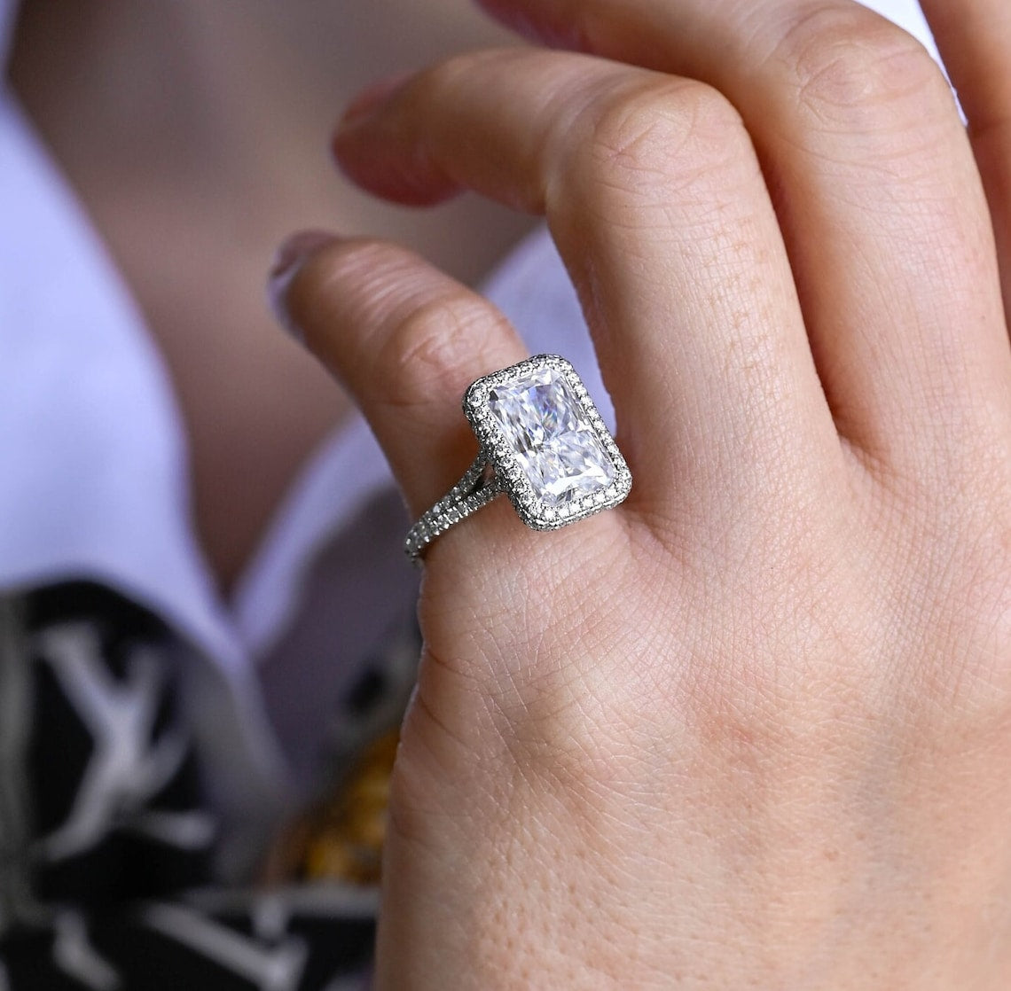 5.0 CT Radiant Shaped Moissanite Engagement Ring With Halo Split Shank Pave Accents 8