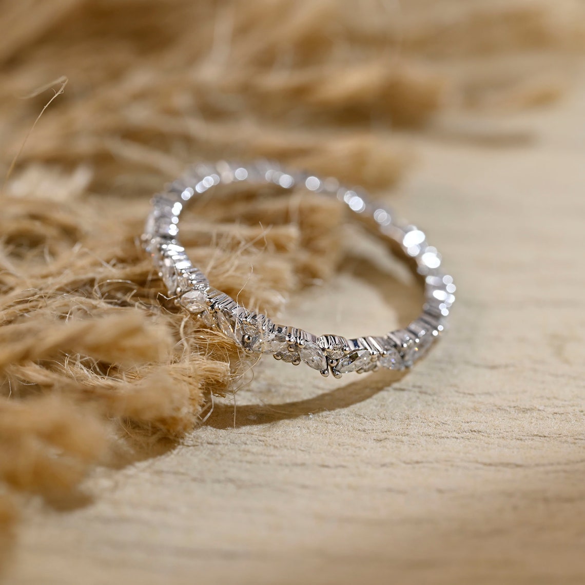 Stunning 0.3 CT Round & Marquise Moissanite Stones Wedding Band 6