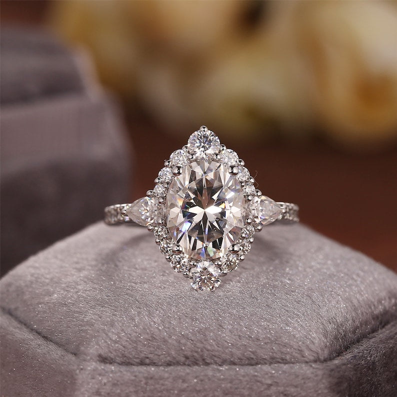 4.5 CT Oval Shaped Moissanite Engagement Ring With Cluster Pave Accents