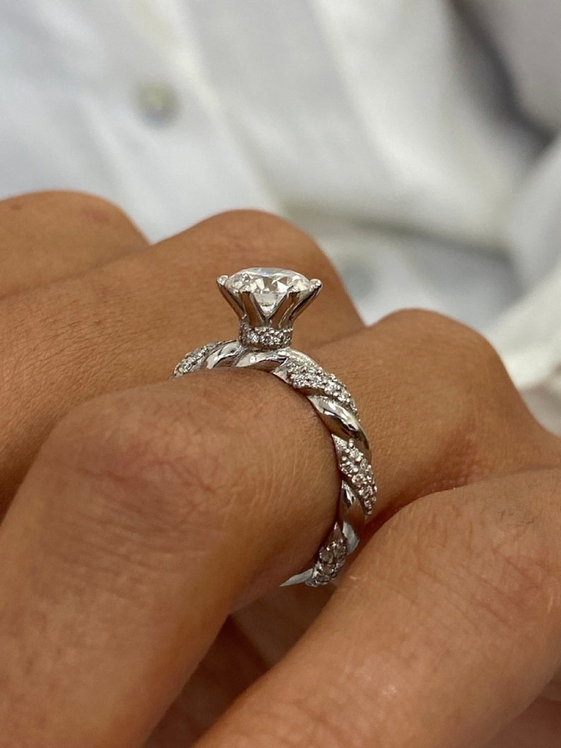 Classic 1.0 CT Round Moissanite Engagement Ring with Twist Pave Design 3