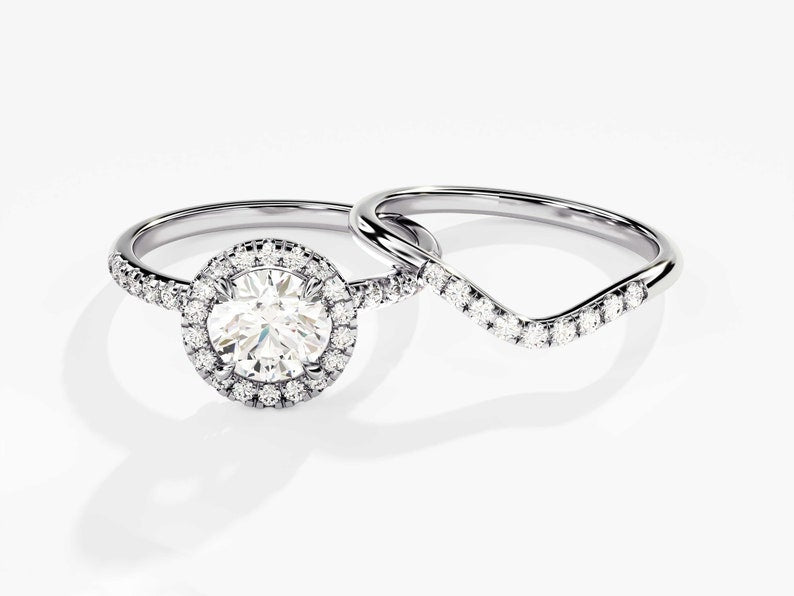 1.0 CT Round Cut Moissanite Halo Bridal Ring Set with Curved Wedding Bands 3