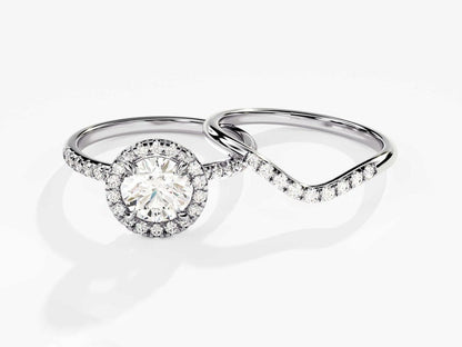 1.0 CT Round Cut Moissanite Halo Bridal Ring Set with Curved Wedding Bands 3