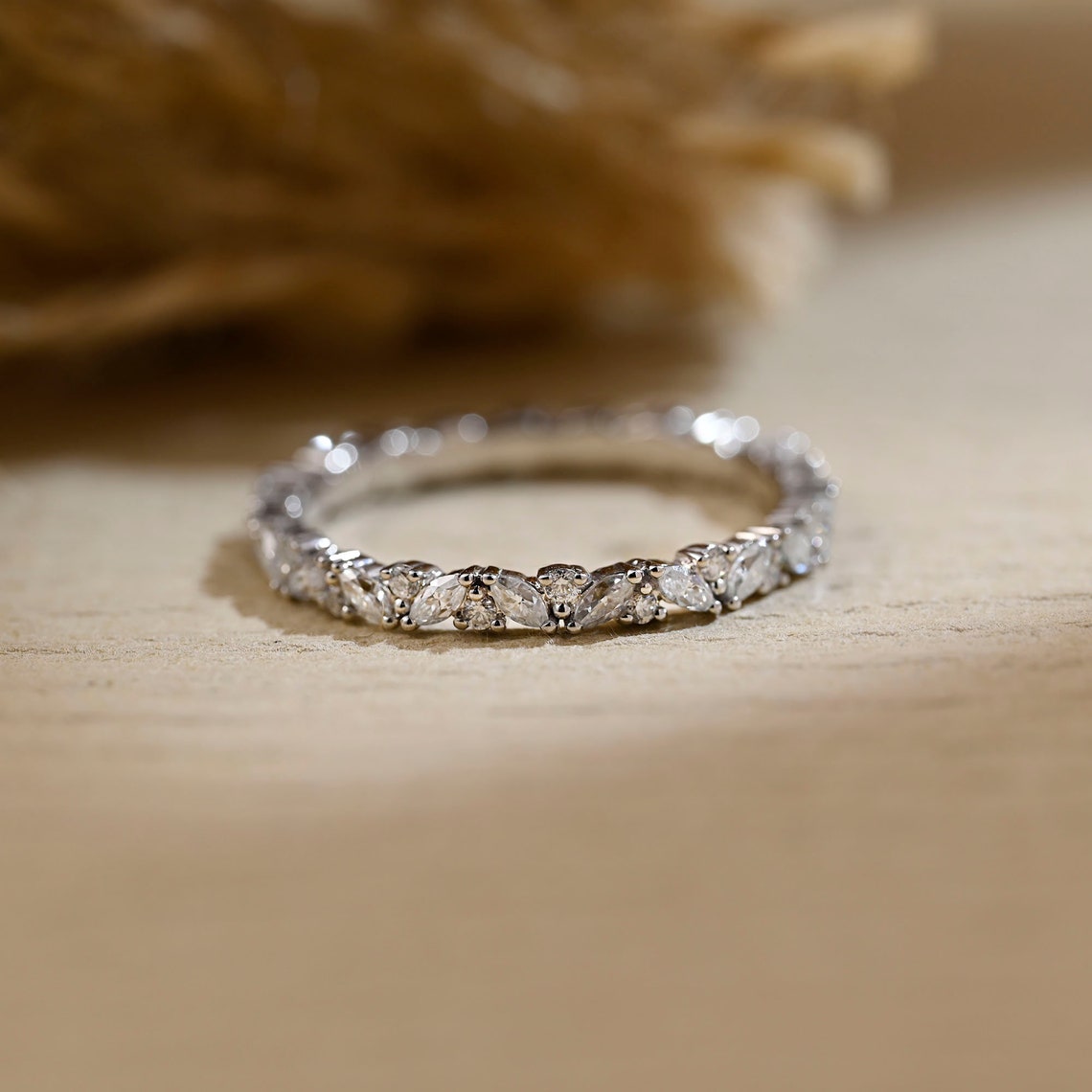 Stunning 0.3 CT Round & Marquise Moissanite Stones Wedding Band 1