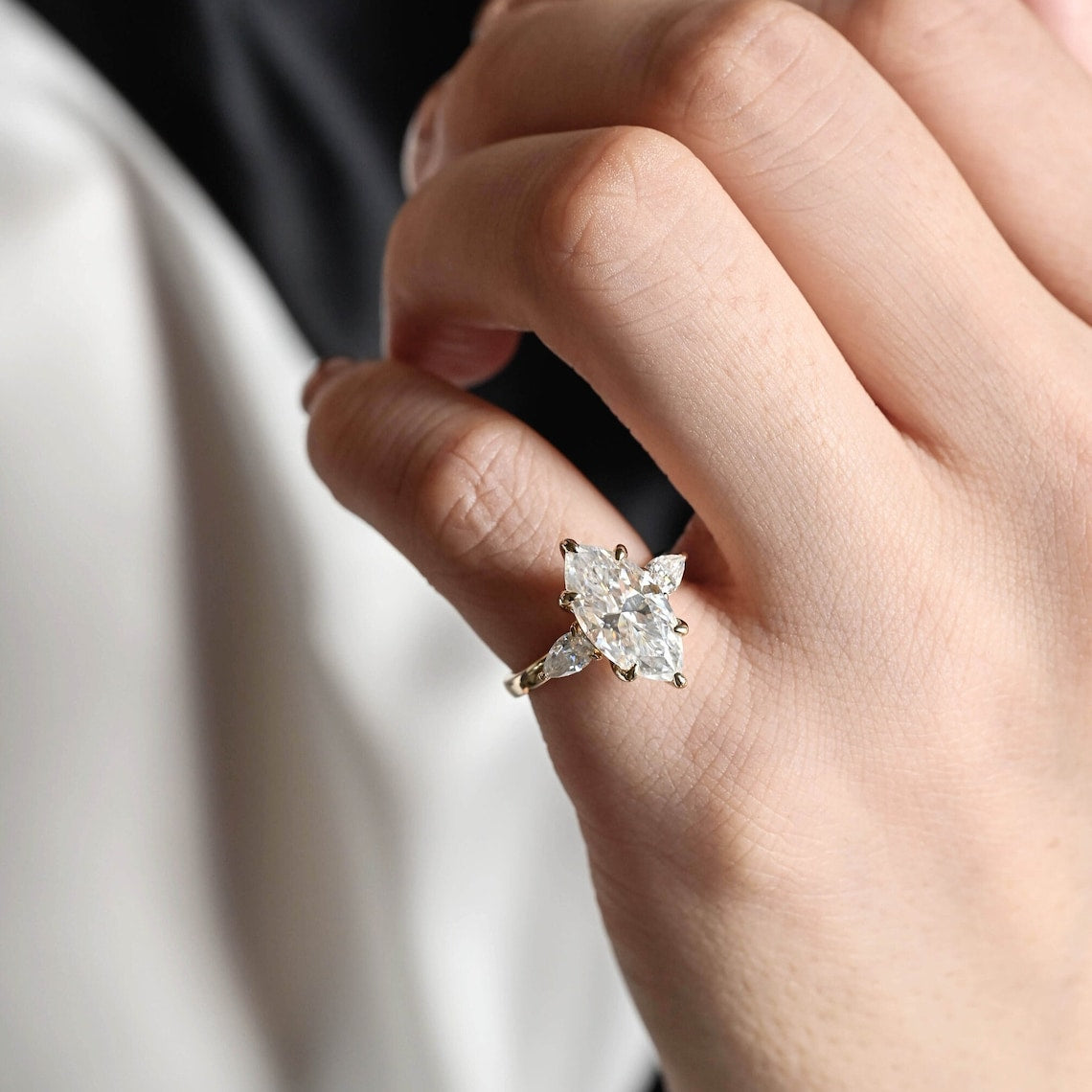Stunning 3.0 CT Marquise Cut Moissanite Engagement Ring with 3 Stones Design 8