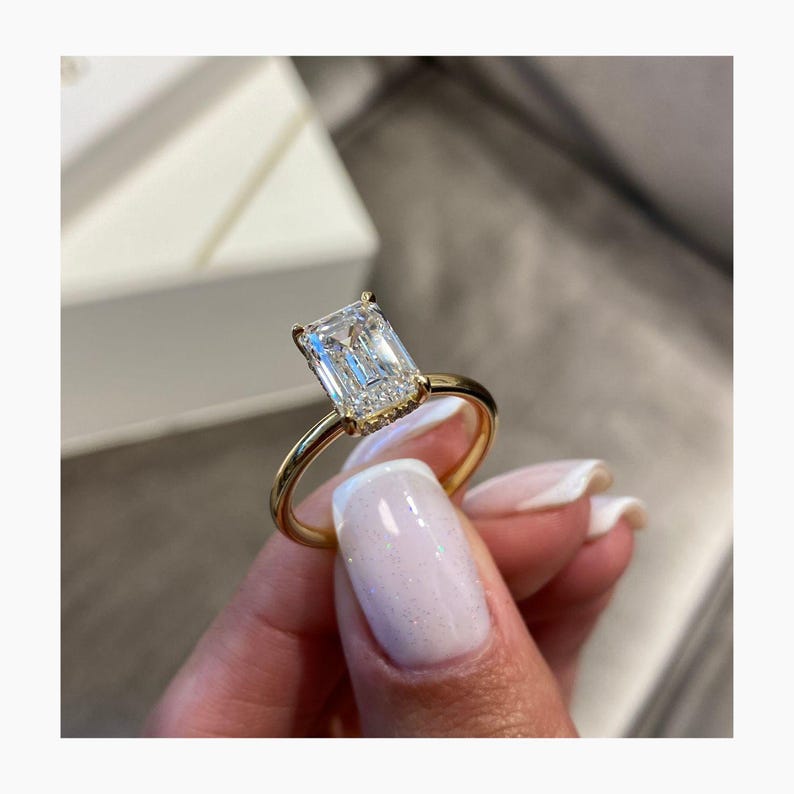 Stunning 3.0 CT Emerald Cut Moissanite Engagement Ring with Hidden Halo Design 6