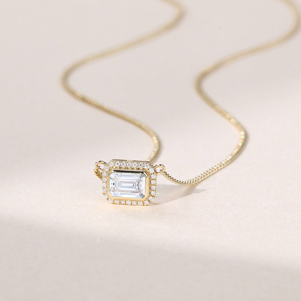 2.20 CT East West Emerald Moissanite Diamond Halo Pendant Necklace in Solid Gold 2