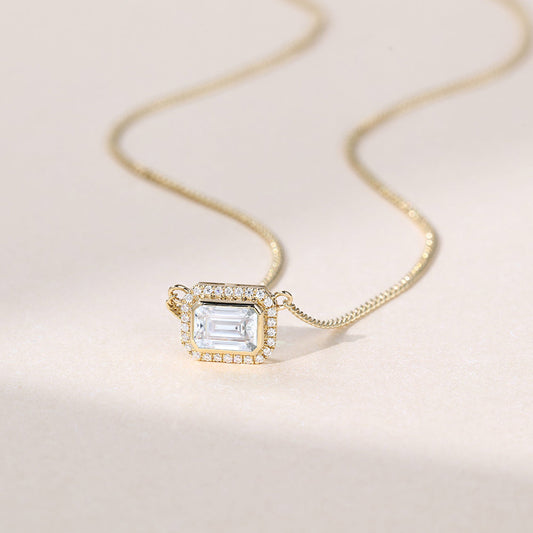 2.20 CT East West Emerald Moissanite Diamond Halo Pendant Necklace in Solid Gold 2