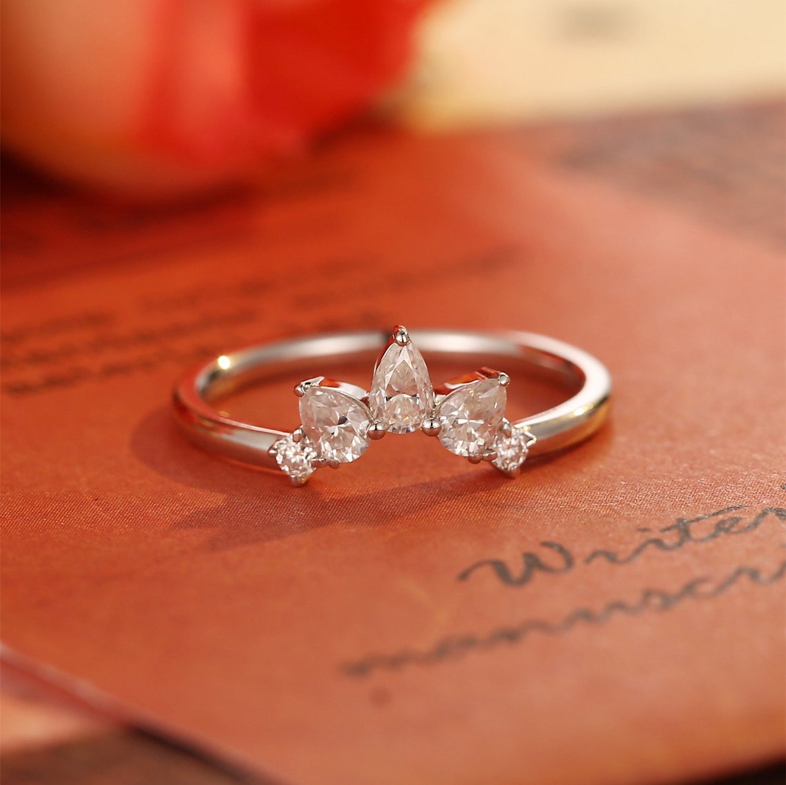 0.2 TCW Pear & Round Cut Moissanite Bridal Wedding Band With Curved Shank 1