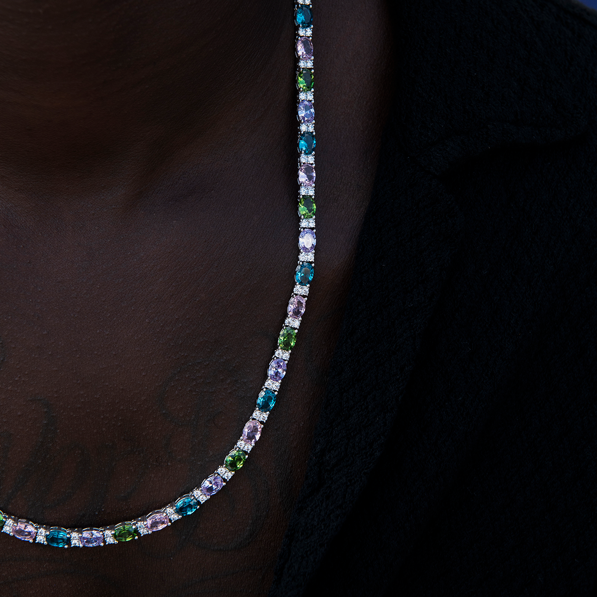 35 CT Oval & Round Moissanite Diamond Multicolor Tennis Silver Necklace For Him 3