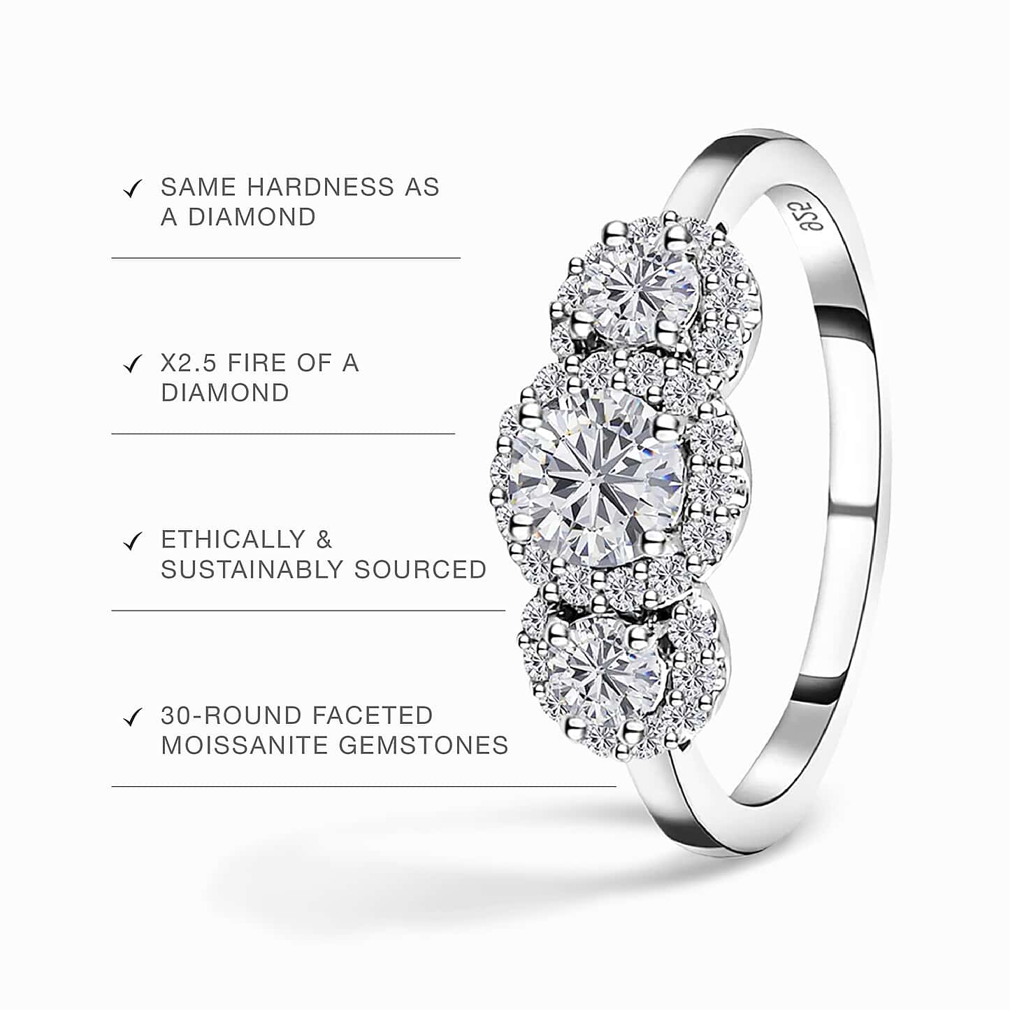 Round Cut Halo Three Stone Style Cubic Zirconia in 925 Sterling Silver Ring 5
