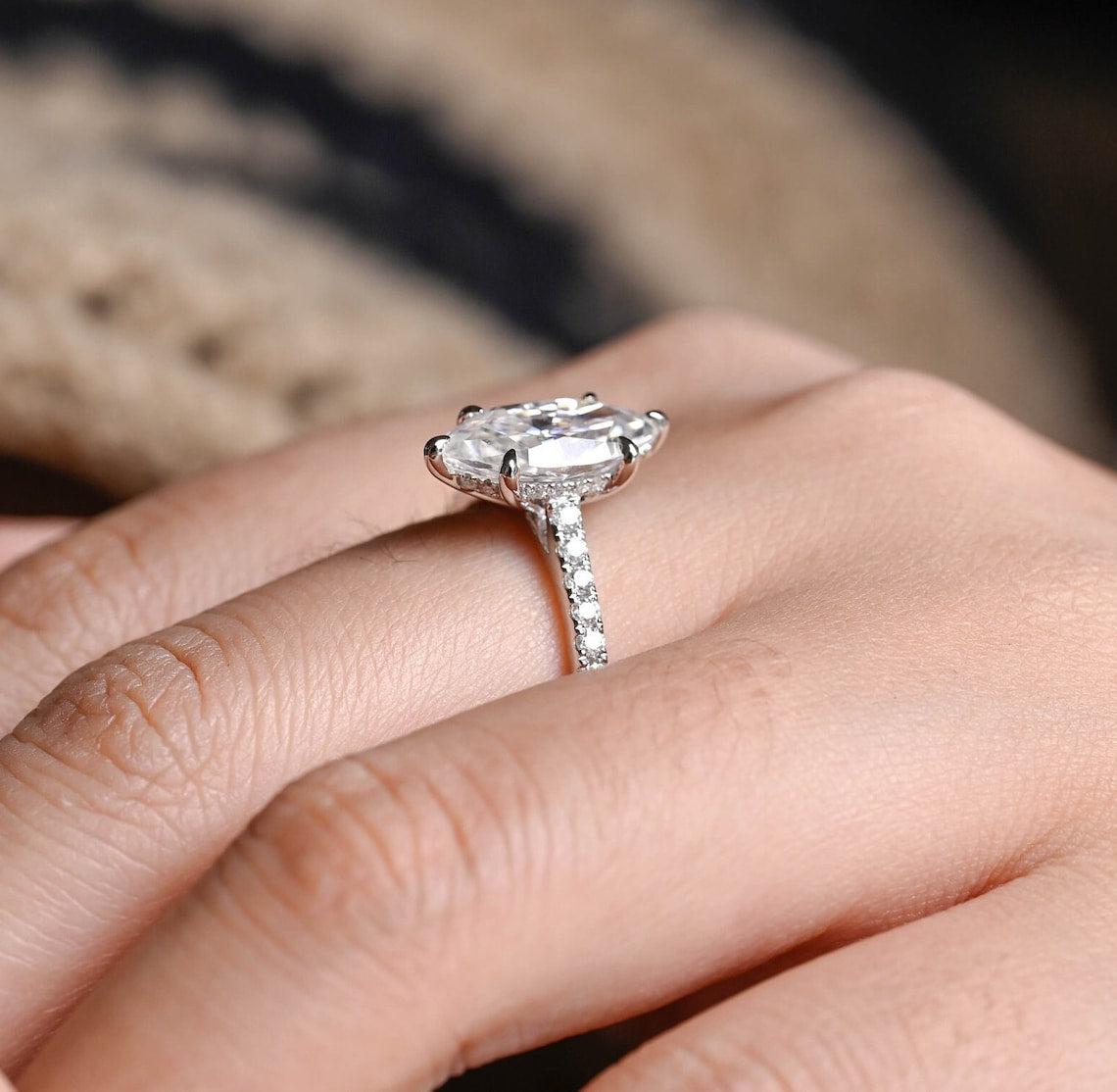 Stunning 3.0 CT Marquise Cut Moissanite Engagement Ring with Hidden Halo & Pave Design 6