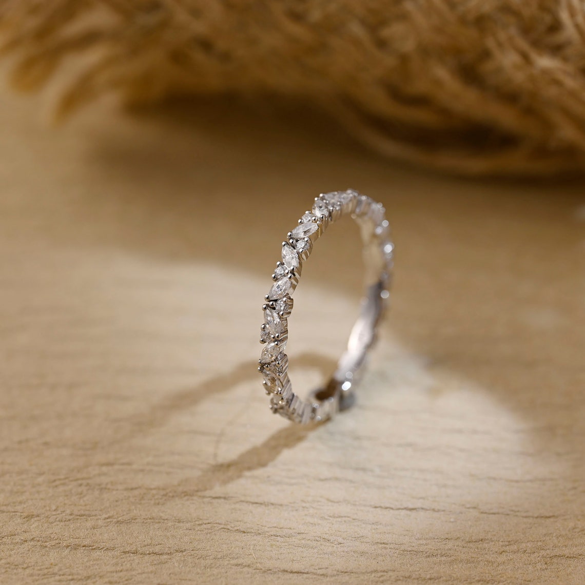 Stunning 0.3 CT Round & Marquise Moissanite Stones Wedding Band 7