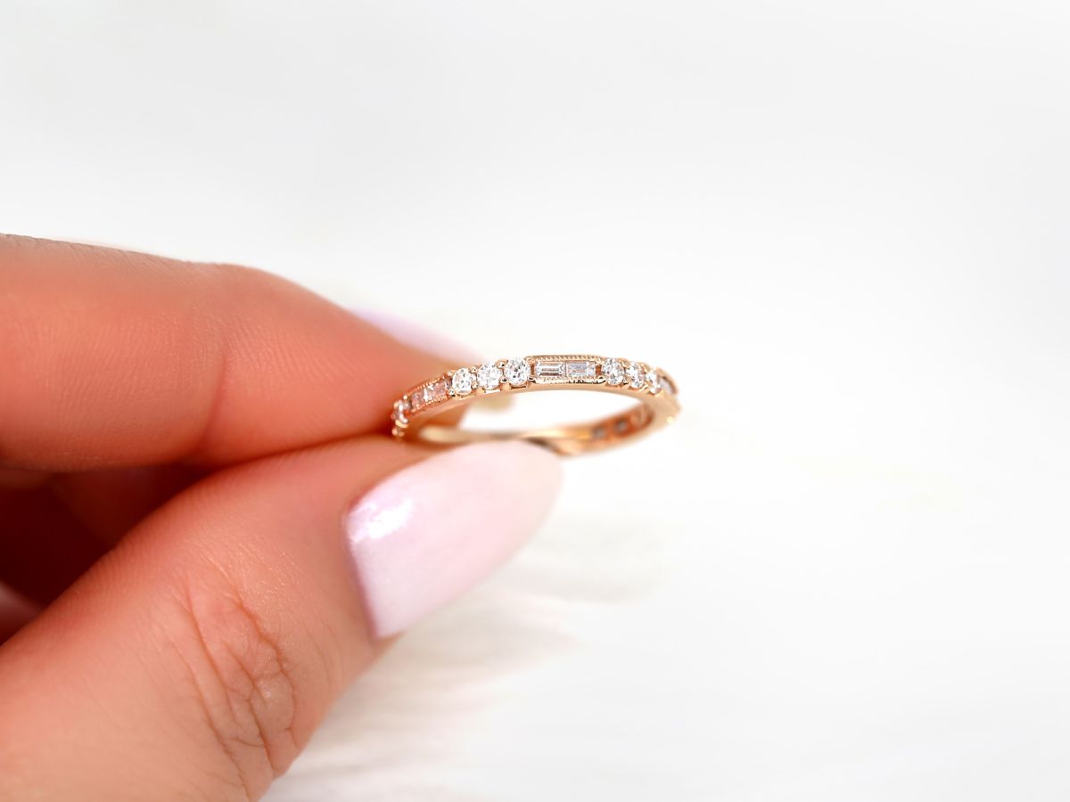 Stunning 0.67 CT Round & Baguette Moissanite Stones Vintage Wedding Band 9