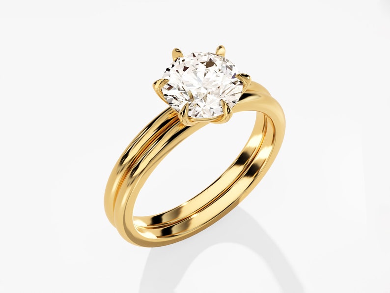 1.50 CT Round Cut Moissanite Bridal Ring Set with Plain Wedding Bands 2