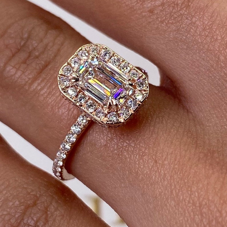 Stunning 1.0 CT Emerald Moissanite Engagement Ring with Halo & Pave Design 2