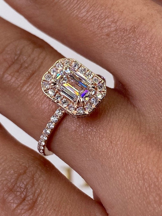 Stunning 1.0 CT Emerald Moissanite Engagement Ring with Halo & Pave Design 2