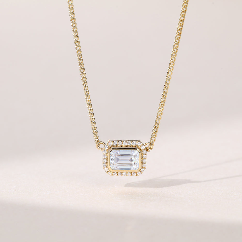 2.20 CT East West Emerald Moissanite Diamond Halo Pendant Necklace in Solid Gold 1