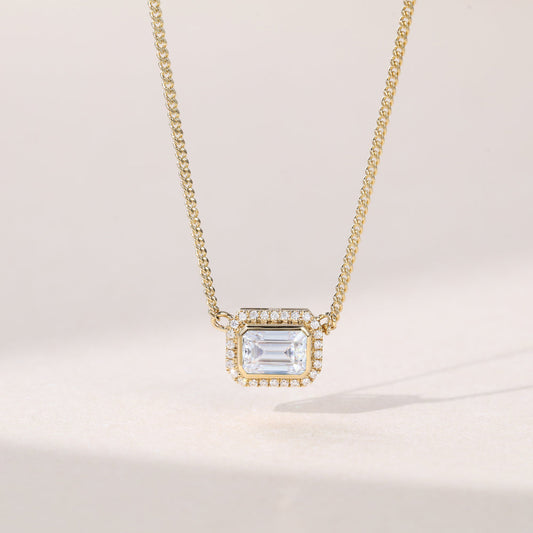 2.20 CT East West Emerald Moissanite Diamond Halo Pendant Necklace in Solid Gold 1