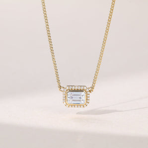 2.20 CT East West Emerald Moissanite Diamond Halo Pendant Necklace in Solid Gold