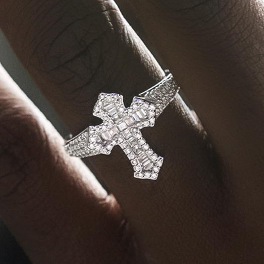 6 CT Round and Baguette Gothic Cross Style Silver Men's Wedding Band 1