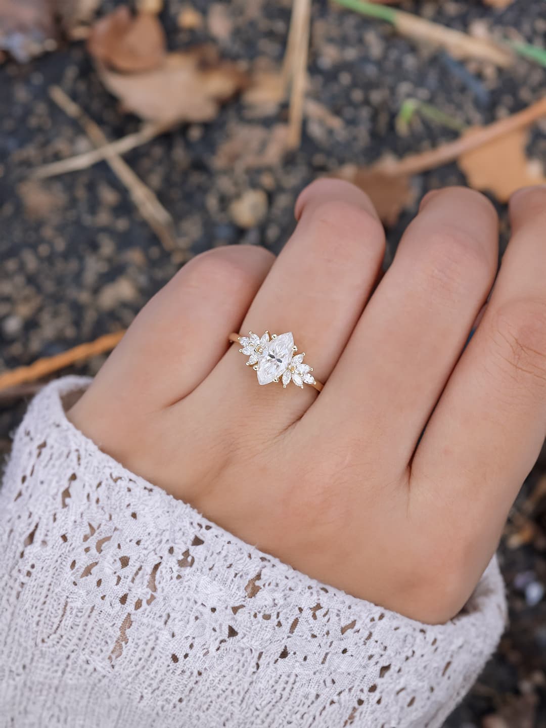 Stunning 1 CT Marquise Moissanite Engagement Ring With Cluster Design 6
