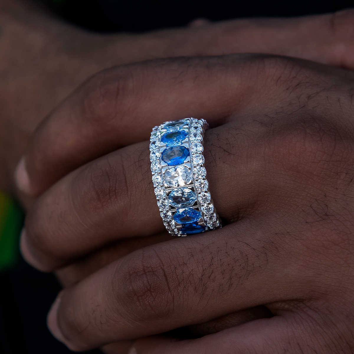 8 CT Oval and Round Multicolor Diamond Blue Layered Style Silver Men's Wedding Band 4