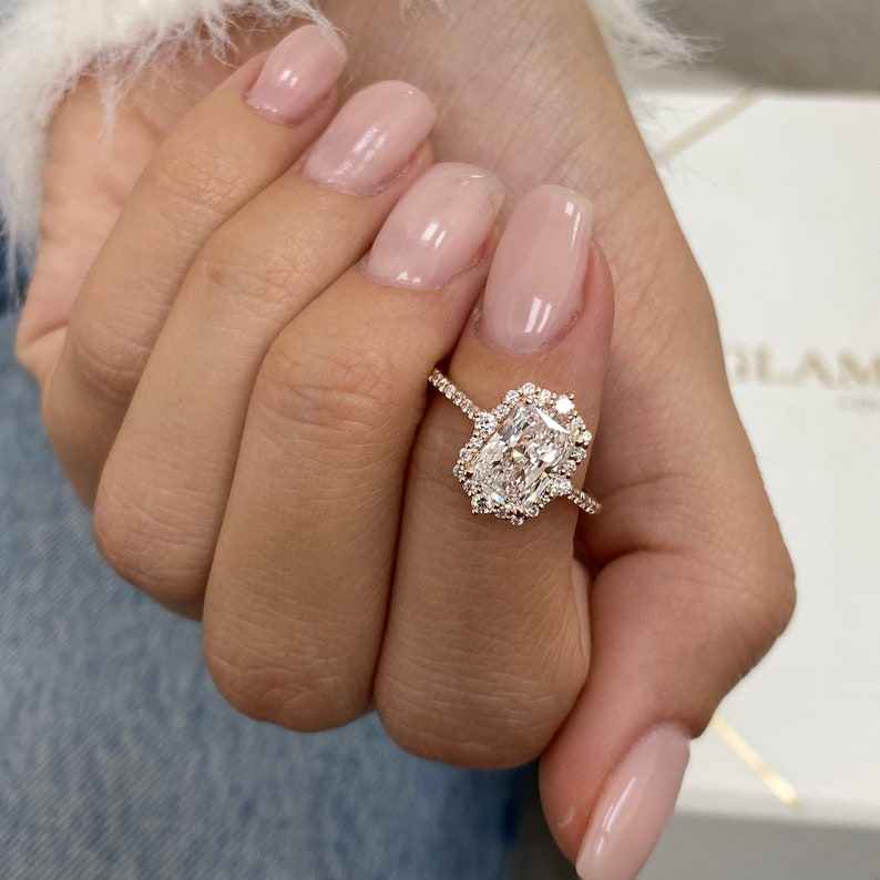Stunning 1.50 CT Radiant Moissanite Engagement Ring with Cluster Halo & Pave Design 6