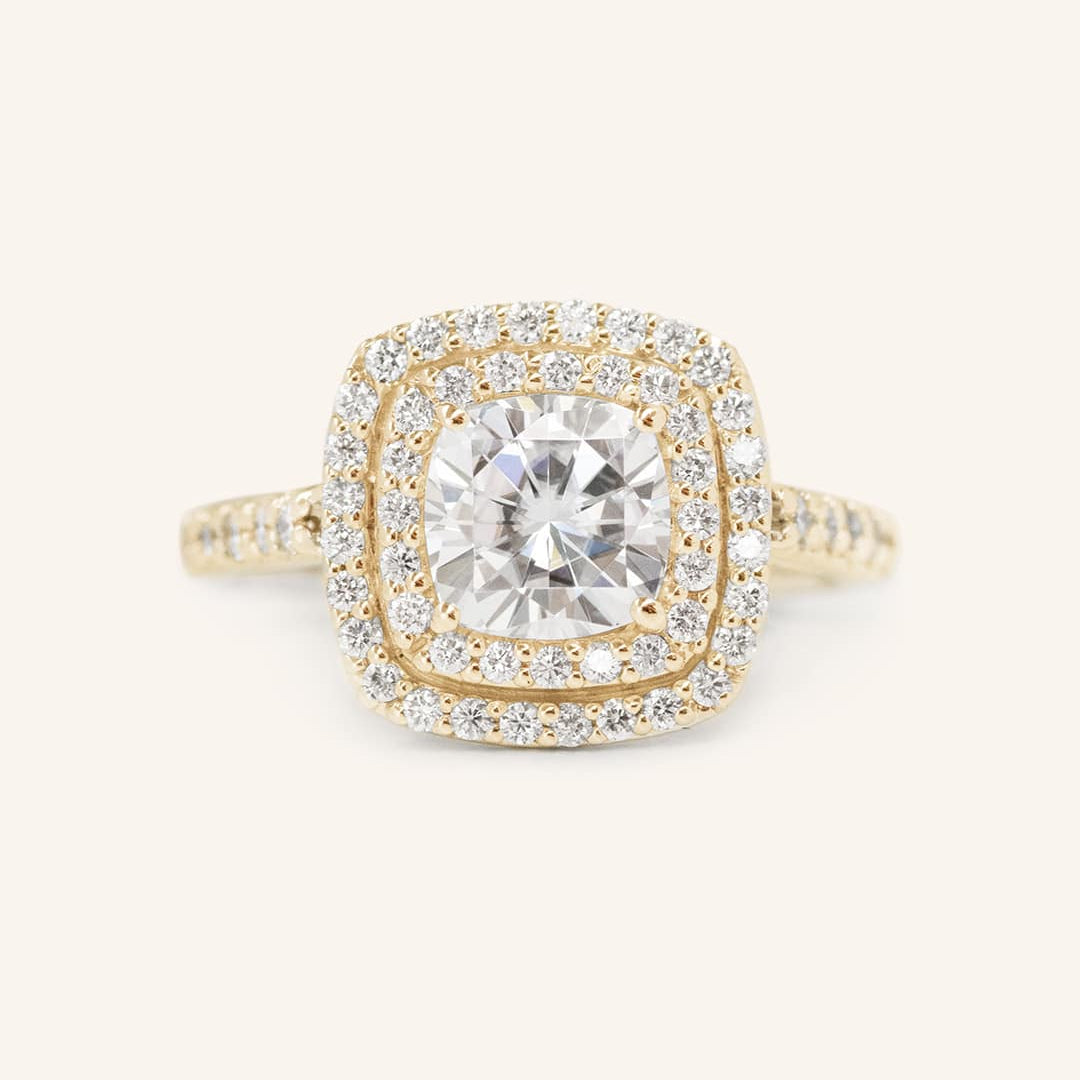 Stunning 1.0 CT Cushion Moissanite Engagement Ring with Double Halo and Pave Design 1