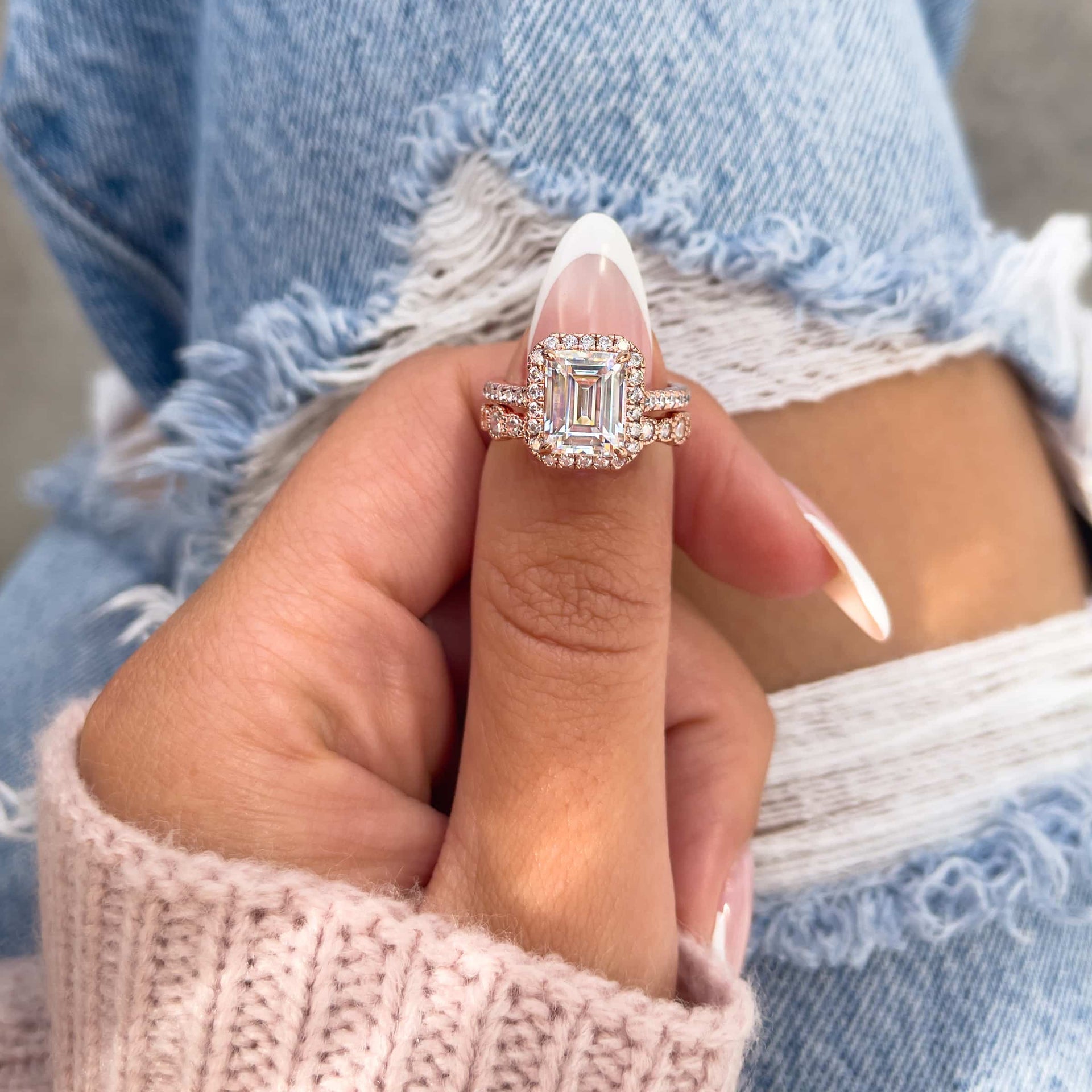 Stunning 3 CT Emerald Moissanite Engagement Ring with Pave and Halo Design 8