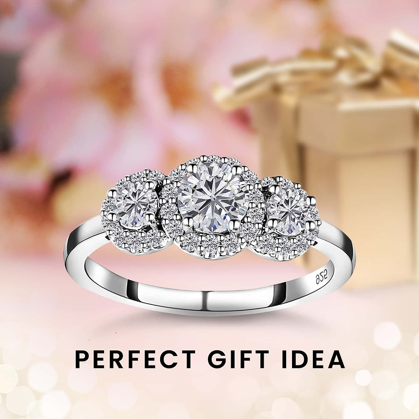 Round Cut Halo Three Stone Style Cubic Zirconia in 925 Sterling Silver Ring 4