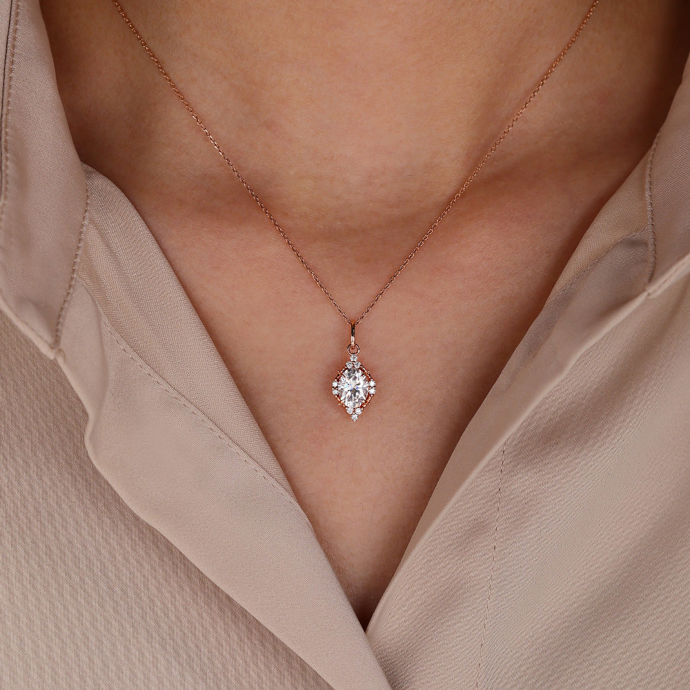 2.10 CT Oval Moissanite Diamond Cluster Pendant Necklace in Solid Gold 5