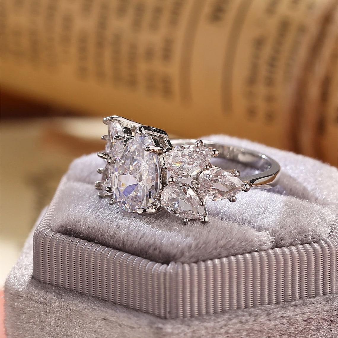 Stunning 2.0 CT Pear Moissanite Engagement Ring with Cluster Design 6