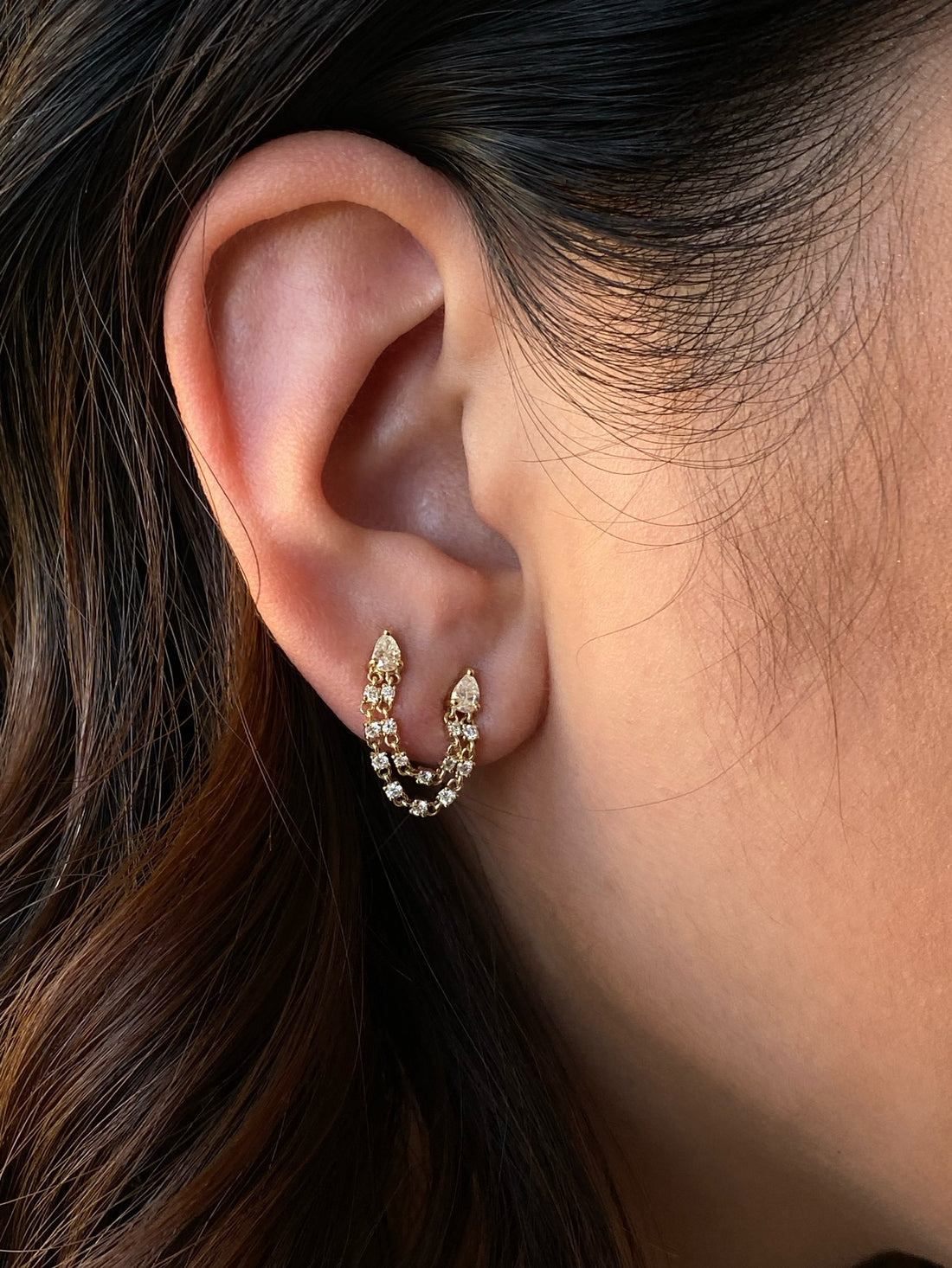 0.50 TCW Pear & Round Cut Moissanite Double Piercing Earrings in Gold 2