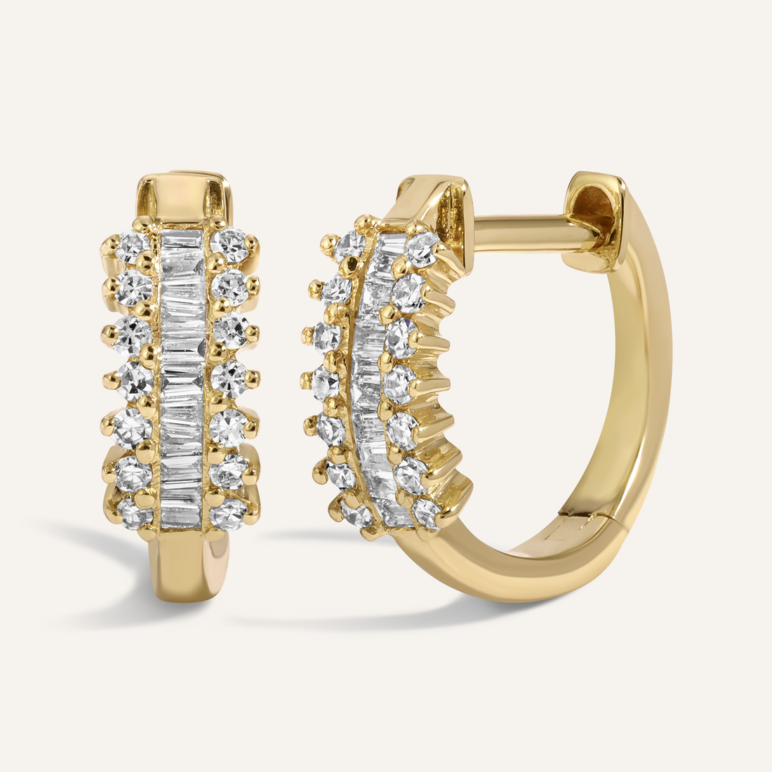 0.50 TCW Round & Baguette Cut Moissanite Hoops Earrings in Gold 1