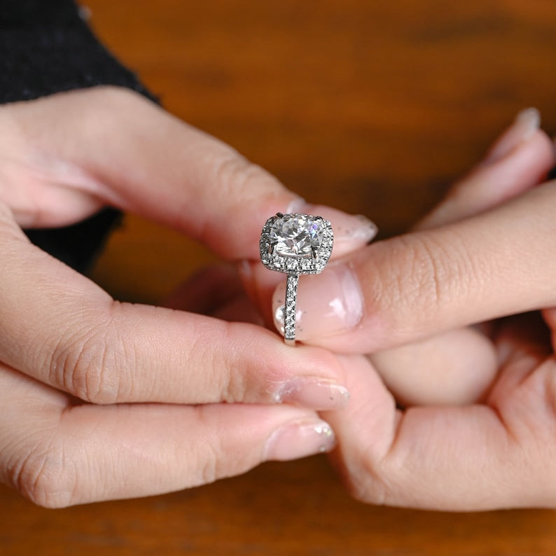 Stunning 1.0 - 2.0 CT Cushion Moissanite Engagement Ring With Pave & Halo Design 2