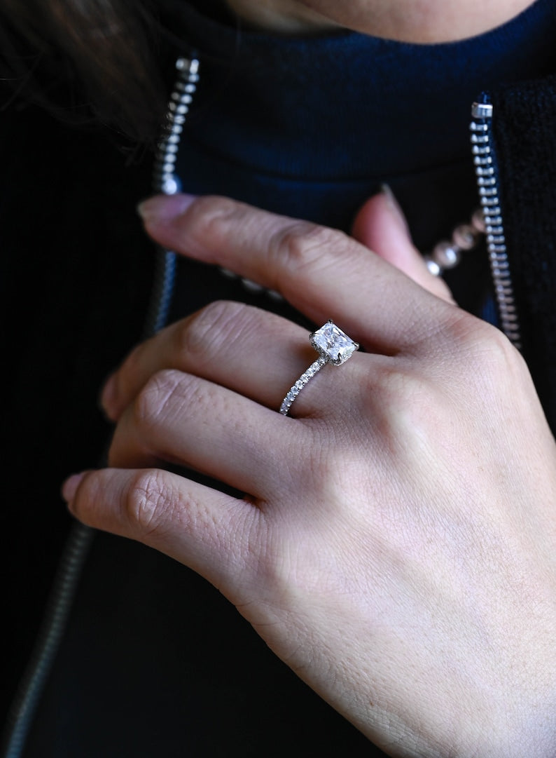 Stunning 1.0 - 2.0 CT Radiant Moissanite Engagement Ring with Pave & Hidden Halo Design 6
