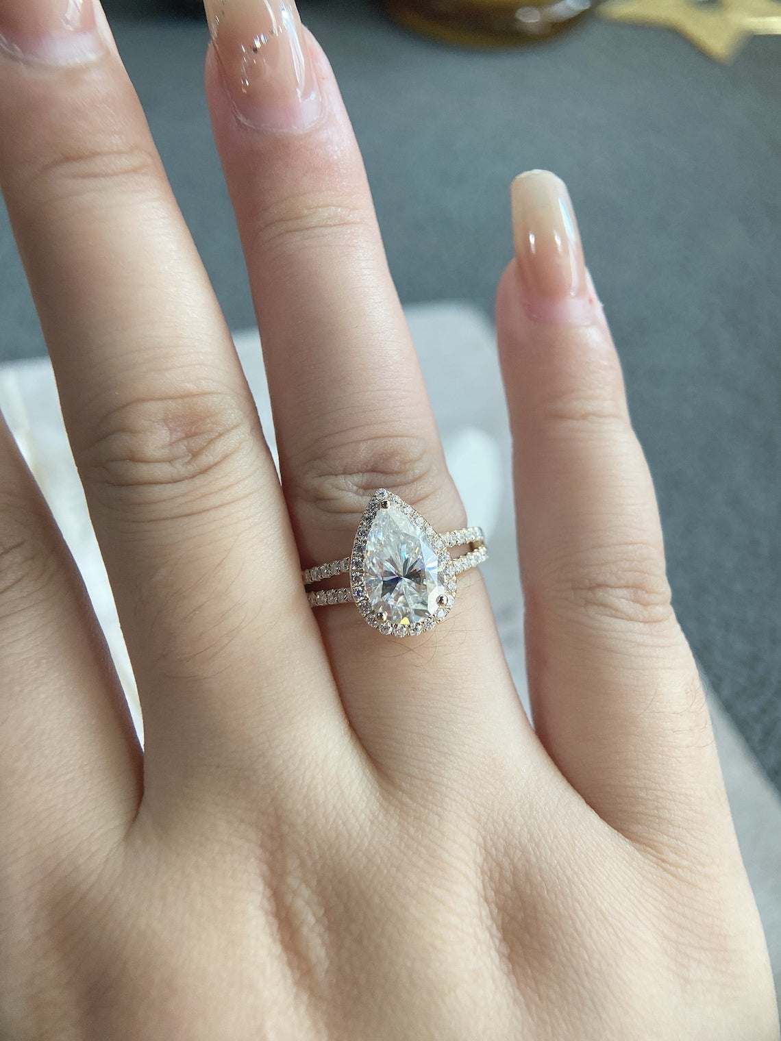 Stunning 3.0 CT Pear Moissanite Engagement Ring with Halo & Pave Design 6