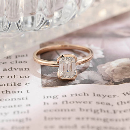 1.0 CT Emerald Cut Moissanite Engagement Ring with Half Bezel Design 1
