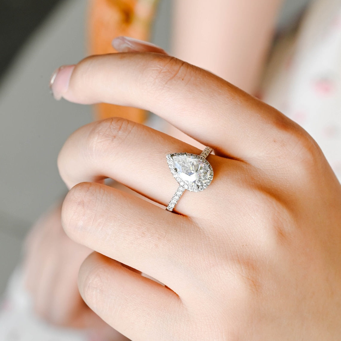 Stunning 1.0 CT Pear Moissanite Engagement Ring with Halo & Pave Design 9